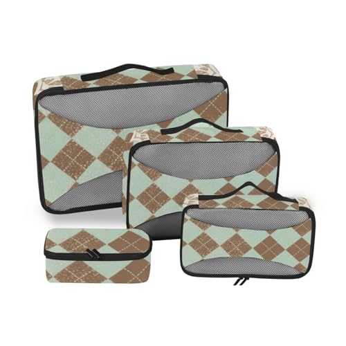 Grün-braune Karomuster, 4-teiliges Set, Reise-Organizer-Taschen, Netzstoff, Reiseutensilien, erweiterbare Kompressions-Verpackungswürfel von SyXIOP