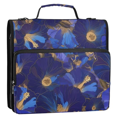 Indigo Morning Glory Abstrakte Blumen, 3 Ringe, 3,8 cm, Reißverschluss, Ordner mit Schultergurt, leicht zu transportieren, Dokumentenmappe, Organizer für Mittelschüler, Carpeta con cremallera von SyXIOP