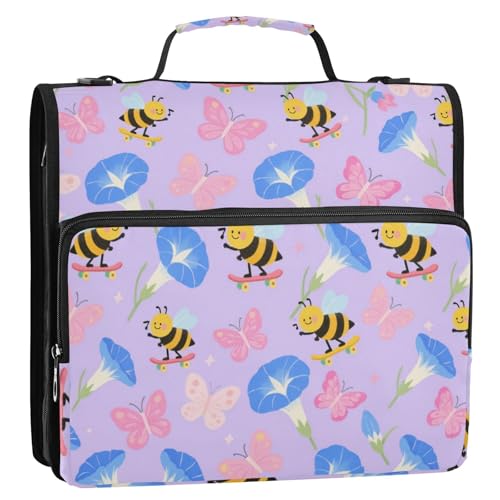 Morning Glory Flower Purple Funny Bees 3,8 cm 3-Ringe Büroordner Organizer mit Griff, wasserdicht, Dokumenten-Organizer für Schule, Carpeta de Cremallera von SyXIOP