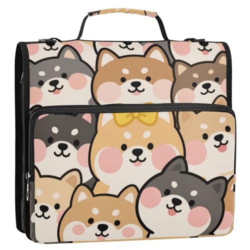 Niedlicher Cartoon-Organizer mit Shiba Inu Hund, 3,8 cm, 3 Ringe, Organizer mit Griff, mehrere Taschen, tragbar, für Zuhause, Reisen, sichere Aufbewahrungstasche für Schule, Gestor de encuadernación von SyXIOP