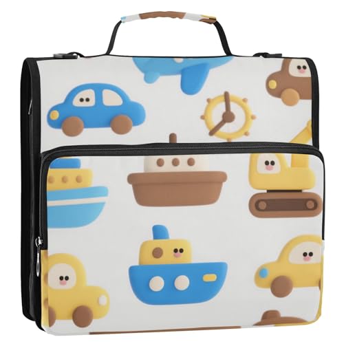 Niedlicher Cartoon-Organizer mit bunten Schiffen und Autos, 3,8 cm, 3 Ringe, Reißverschluss, Organizer mit Griff und abnehmbarem Schultergurt, Dokumentenmappe, Organizer mit mehreren Taschen, geeignet von SyXIOP