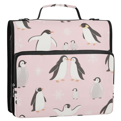 Niedlicher Pinguin- und Schneeflocken-Ordner mit 3 Ringen, Reißverschluss, mit Schultergurt und Griff, Laege Kapazität, Dokumente, Dateien, Aufbewahrungstasche, geeignet für Mittelschule von SyXIOP
