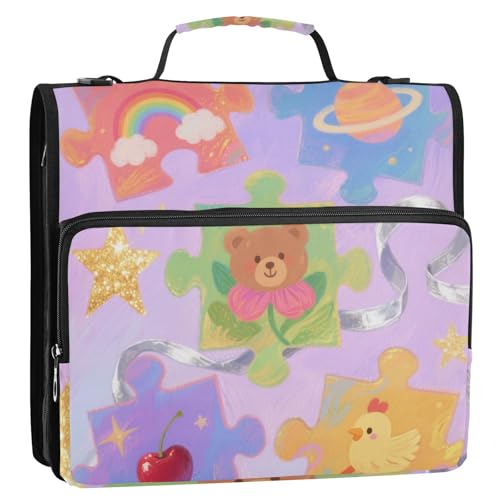 Niedliches buntes Puzzle, 3 Ringe, 3,8 cm, Ordner mit extra Taschen mit Schultergurt, Dokumenten-Organizer-Tasche für Schule, Cartera con Cremallera von SyXIOP
