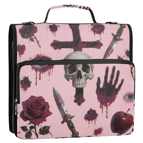 Ordner-Organizer mit 3 Ringen, Gothic-Stil, rote Rose, mit Griff und abnehmbarem Schultergurt, mehrere Taschen, Schulbedarf, Organizer für Mittelschule, Clip de Cremallera von SyXIOP