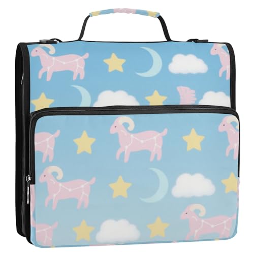 Ordner-Organizer mit niedlichem Tier, Ziege, Wolke, Himmelblau, 3 Ringe, Organizer mit Griff, mehrere Taschen, Schulordner, Organizer für Mittelschüler, Clip de Cremallera Resistente von SyXIOP