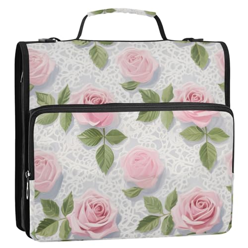 Ordner mit 3 Ringen, rosa Spitze, Rosenblüten, 3,8 cm, mit Reißverschluss, mit Riemen, einfach zu tragen, Schulordner, Organizer für Mittelschule, Carpeta de Cremallera von SyXIOP