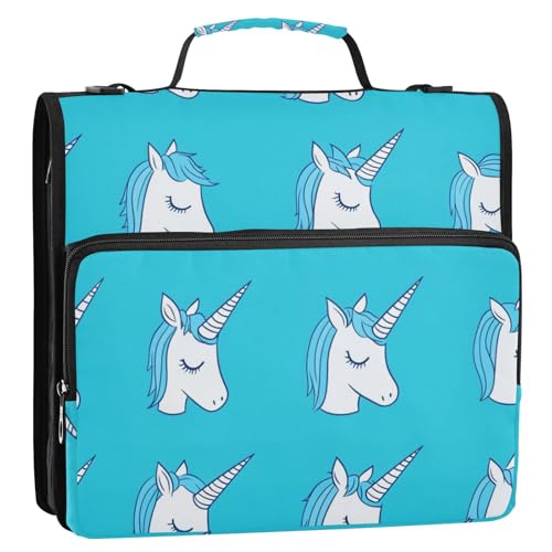 Ordner mit einfachen, blauen Einhörnern, 3 Ringe, 3,8 cm, extra Taschen, mit Griff und abnehmbarem Schultergurt, mehrere Taschen, Schulordner, Organizer für Schule und Büro, Paquete de gestión de von SyXIOP