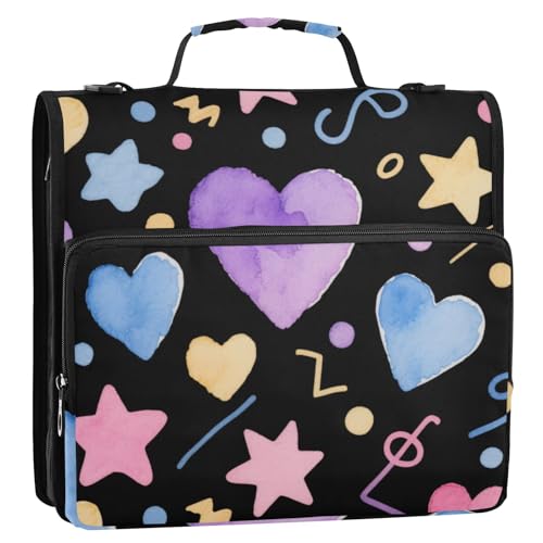 Ordnertasche mit süßem Cartoon-Motiv, bunte Sterne, 3,8 cm, 3 Ringe, Reißverschluss, Schultergurt und Griff, inklusive Reißverschlusstasche, Portfolio-Ordner, geeignet für Mittelschule, Carpeta con von SyXIOP