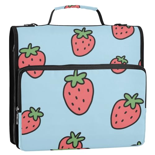 Organizer mit 3 Ringen, Cartoon-Erdbeerblau, 3,8 cm, mit Griff, inklusive Reißverschlusstasche, Dokumentenmappe, Organizer für Mittelschule, Encuadernador de Cremallera von SyXIOP