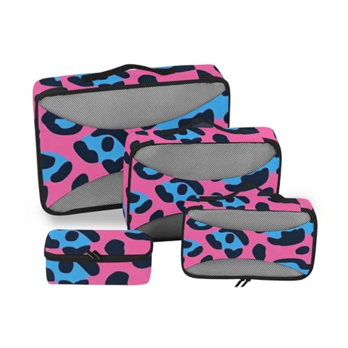 Pfirsichblaues Tier-Leopardenmuster, 4-teiliges Set, Organizer, Reisekoffer, Netzstoff, Reiseutensilien, leichter Kompressions-Verpackungswürfel von SyXIOP