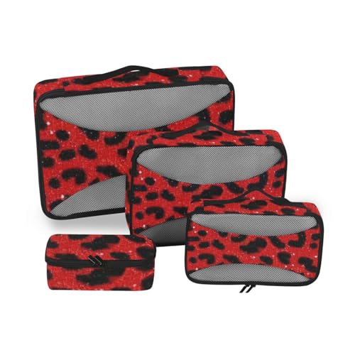 Reise-Gepäck-Organizer-Set, Leopardenmuster, glitzernd, Netzstoff, tragbar, Kompression, Reisepackung, 4 Stück von SyXIOP