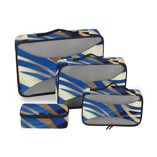 Reise-Organizer-Taschen mit Leopardenmuster, 4-teilig, Netzstoff, Reiseutensilien, erweiterbare Gepäckverpackungswürfel, Blau und Gold von SyXIOP