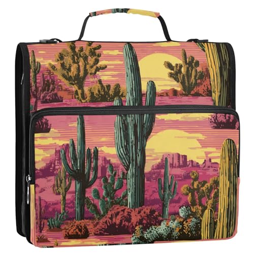 Retro Sun Cacti Purple Art 3,8 cm 3 Ringe Büroordner Organizer mit Griff und abnehmbarem Schultergurt, wasserdicht, Dokumentenordner, Organizer für Schule, Carpeta de Cremallera von SyXIOP