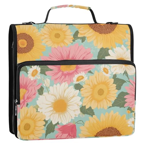 Ringbuch im Boho-Stil, einfache Sonnenblumen, 3,8 cm, 3,8 cm, mit Reißverschluss und Riemen, Tragbares Portfolio für Büro, Schule, Clip de Cremallera escolar von SyXIOP