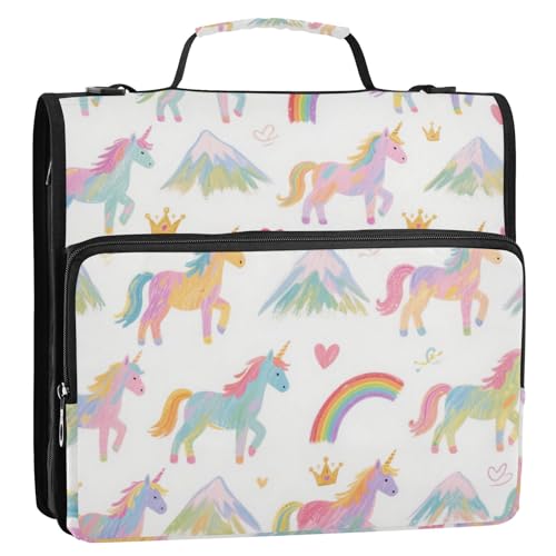 Ringbuch mit 3 Ringen, Cartoon-Motiv, Weiß, Regenbogen-Einhörner, 3,8 cm, mit extra Taschen, mit Schultergurt und Griff, Laege-Kapazität, Dokumentenordner, Organizer für Mittelschule, Bolsa de von SyXIOP