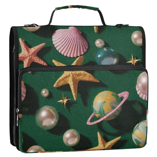 Ringbuch mit Reißverschluss, Retro-Design, Seestern, Perlmutt, Grün, 3,8 cm, mit Griff und abnehmbarem Schultergurt, mehrere Taschen, Portfolio-Ordner für Schule/Büro, Organizadores de Carteras von SyXIOP