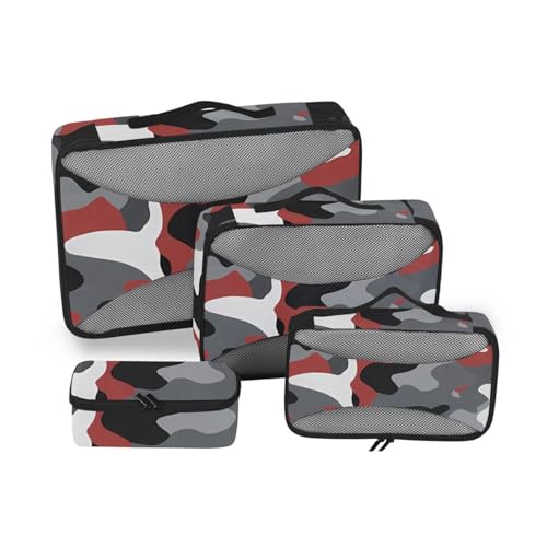 Set mit 4 grauen und roten und schwarzen Camouflage-Organizer-Taschen aus Netzstoff, Reiseutensilien, leichte Packtaschen von SyXIOP