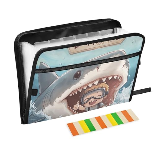 Stay Positive Aktenmappe mit niedlichem Hai-Motiv, 13 Taschen, A4, Briefgröße mit Reißverschluss, für Papiere, Fächermappen, Akkordeon, Para Guardar Documentos von SyXIOP