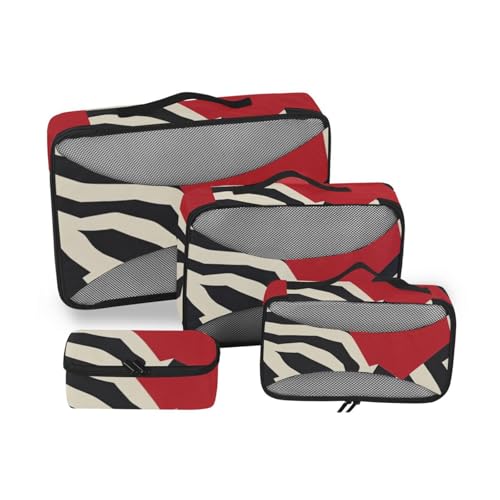 Tiermuster, geometrisches Design, 4-teiliges Set, Organizer für Reisen, Netzstoff, Reiseutensilien, erweiterbare Kompressions-Verpackungswürfel, Schwarz / Rot von SyXIOP