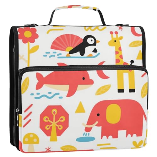 Vector Ordnertasche mit Reißverschluss, Giraffe, Elefant, Rot, 3,8 cm, Reißverschluss, mit Schultergurt, für Büro, Schule, Cartera con cremallera von SyXIOP