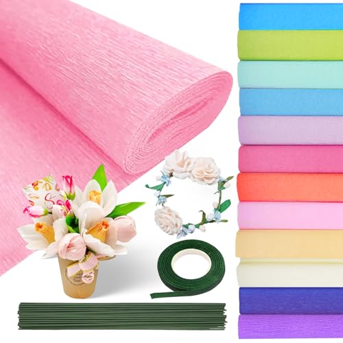12 Farben Krepppapier Bunt 25x250cm 12 Rollen Kreppapier DIY Crepe Papier Krepppapier Rollen mit Grünes Kabel Blumenband für Die Herstellung von Valentinstag-Blumen DIY Blumenpapier-Handwerk von Syhdfxknp