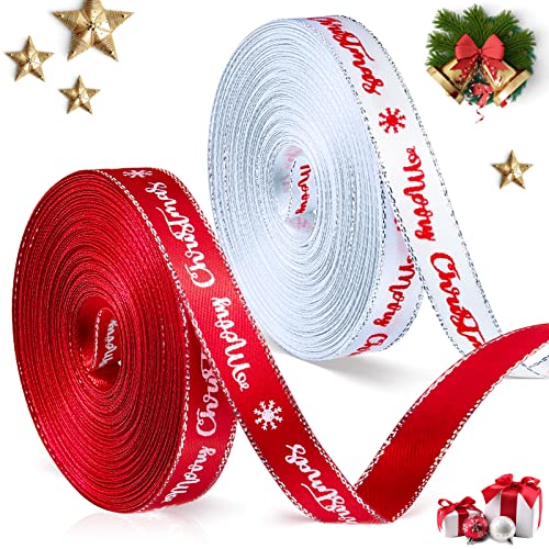 2 Rollen Weihnachtsband Weihnachten Satinband Ripsband Weihnachten Geschenkänder Dekoband für Verpackung Party Deko, 0,39 Zoll Breit und 10 Yard pro Rolle (Weiß, Rot, Süßer Stil) von Syhood