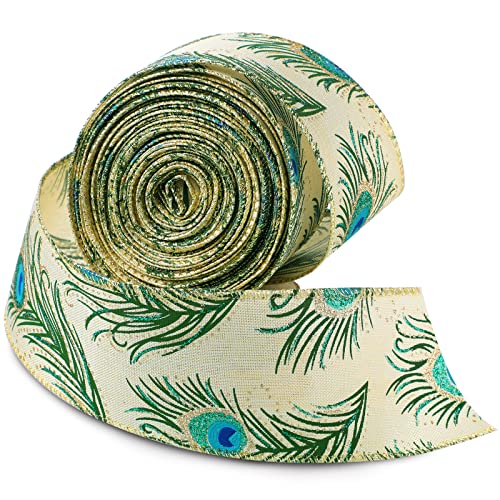 Pfauendruck Drahtband Federn Pfau Dekorationen 6,4 cm x 9,1 m Pfauenband Drahtkante Band für Weihnachtsdekorationen, Party-Heimdekoration, Verpackung, DIY, Hochzeit, Kranz (Khaki-Farbe) von Syhood