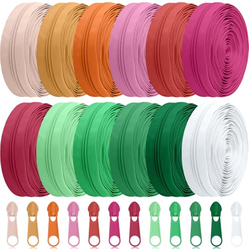 Syhood Näh-Reißverschlussbänder, Nylon, leicht, mit 120 Kunststoff-Reißverschlussschiebern für Damen und Herren, Nähzubehör (tropische Farbe), 30 m, 12 Stück von Syhood