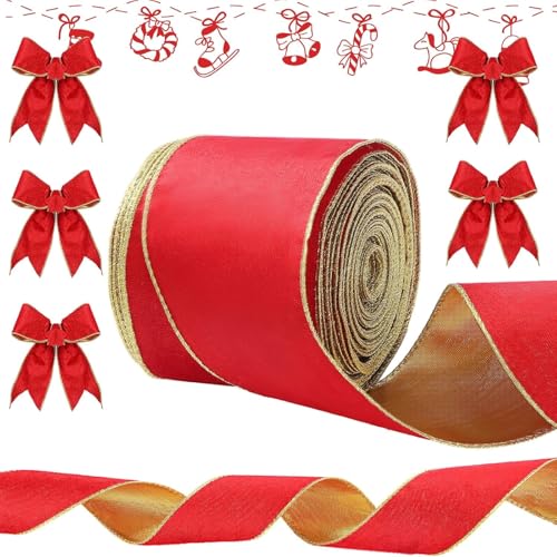 Syhood Weihnachts-Samtband mit Draht, mit Goldrand, wasserdicht, für Weihnachtskranz, Schleifen, Blumenhandwerk, Ornamente (10,2 cm x 60 m, Rotgold) von Syhood