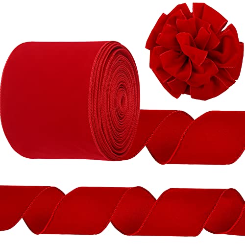 Syhood Weihnachts-Samtband mit Draht, mit Goldrand, wasserdicht, für Weihnachtskranz, Schleifen, Blumenhandwerk, Ornamente (10,2 cm x 91,4 m, Scharlachrot) von Syhood
