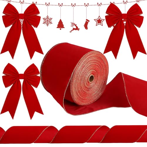Syhood Weihnachts-Samtband mit Draht, mit Goldrand, wasserdicht, für Weihnachtskranz, Schleifen, Blumenhandwerk, Ornamente (15,2 cm x 60 m, Rot/Gold) von Syhood