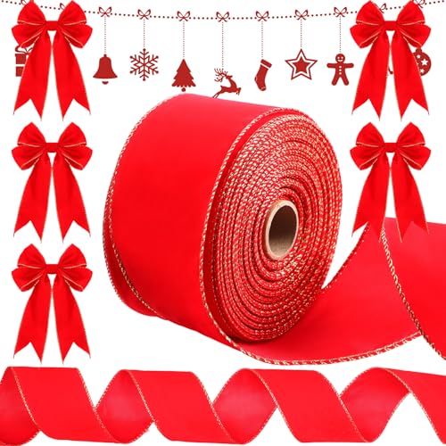 Syhood Weihnachts-Samtband mit Draht und Goldrand, wasserdicht, für Weihnachtskranz, Schleifen, Blumenhandwerk, Ornamente (6,3 cm x 20 m, Rot) von Syhood
