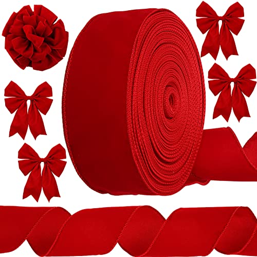 Syhood Weihnachts-Samtband mit Draht und Goldrand, wasserdicht, für Weihnachtskranz, Schleifen, Blumenhandwerk, Ornamente (6,3 cm x 20 m, Scharlachrot) von Syhood