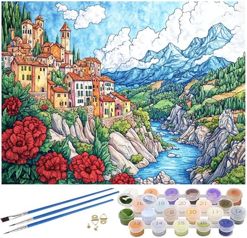 Malen Nach Zahlen Erwachsene Landschaft, Stadt Malen Nach Zahlen ab 7 Jahre Mädchen Geschenk, DIY Kinder Paint by Numbers 70x100cm Leinwand mit Pinseln und Acrylpigment für Zimmer Deko Aesthetic-1038 von Syiboo