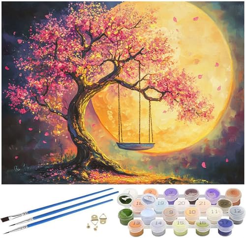 Malen Nach Zahlen Erwachsene Mond Paint by Numbers Baum Malen Nach Zahlen Kinder Bastelset, 30x40cm Knitterfreie Leinwand Ölgemälde Set mit Pinsel und Acrylfarbe, Wanddeko, Geschenke für Frauen -1044 von Syiboo