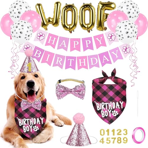 25 Stück Haustier Geburtstag Party Deko Set Hund Katze Geburtstag Pink Deko Happy Birthday Banner Partyhut Fliege Halsband Dreieckstuch Glitzer Zahl Woof Folienballons und Latexballons für Haustiere von Syijupo