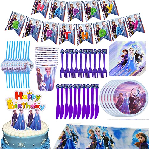 Syijupo 73 pcs Ice Princess Party Tableware, Plates, Paper Towel, Knife, Fork, Cup, Tablecloth, Straws, Cake Topper, Flag, Anna and Elsa Party Supplies Set -10 People von Syijupo