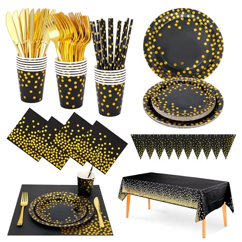 186 Stück Schwarzes-gold Partygeschirr,Partyzubehör Pappteller Set,Wiederverwendbar Papier Geschirr Set einschließlich Tischdecke Teller Becher Servietten zum Geburtstag,Hochzeiten,Jubiläums 25 Gäste 186 Stück Schwarzes-gold Partygeschirr,Partyzubehör Pappteller Set,Wiederverwendbar Papier Geschirr Set einschließlich Tischdecke Teller Becher Servietten zum Geburtstag,Hochzeiten,Jubiläums 25 Gäste von Sylken