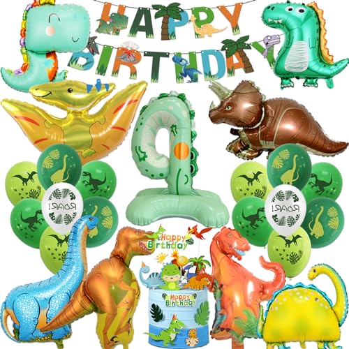 Dino Geburtstag Deko 4 Jahre, Set Party Dino Luftballon Geburtstag 4, Dinosaurier Deko Kindergeburtstag mit 8 Dino Luftballon xxl und Dino Tortendeko Geburtstag Banner (Dinosaurier Geburtstag Deko 4) von Sylphlikeoniric