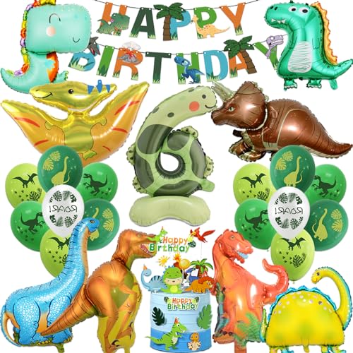 Dino Geburtstag Deko 6 Jahre, Set Party Dino Luftballon Geburtstag 6, Dinosaurier Deko Kindergeburtstag mit 8 Dino Luftballon xxl und Dino Tortendeko Geburtstag Banner (Dinosaurier Geburtstag Deko 6) von Sylphlikeoniric