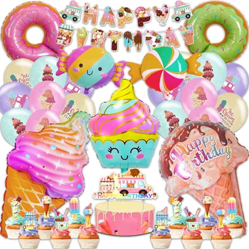 Geburtstagsdeko Mädchen, Groß Süßigkeiten Donut Eiscreme Folienballon Set, Deko Geburtstag Mädchen mit Tortendeko Geburtstag und Bannern, Krapfen Candy Party Deko (Deko Kindergeburtstag Mädchen) von Sylphlikeoniric
