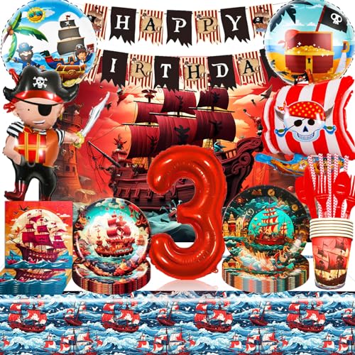 Sylphlikeoniric Kindergeburtstagsparty-Dekorationen 3 Jahre, Piraten Geburtstag Deko 3 Jahre Party Set, Piraten Servietten Luftballons Banner Teller Tasse Tischdecke Stroh (Piraten Geschirr 3 Jahre) von Sylphlikeoniric