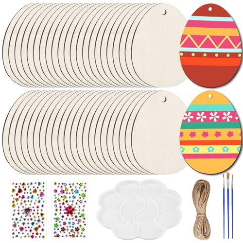 SymPleCr 57 Stück Holz Ostereier zum Bemalen Set,Holzeier zum Bemalen,Eier Bemalen Kinder,DIY Ostern Basteln,Holzanhänger Ostern Set,für Draussen Innen Osterdeko von SymPleCr