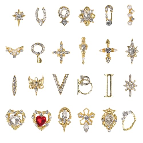 24 Stück Gold Nail Art Charms, Glänzend Metall Nagel Schmuck, Kreuz Herz Edelsteine Nageldesign Nail Art Zubehör für Frauen Nagel Dekoration 24 Stück Gold Nail Art Charms, Glänzend Metall Nagel Schmuck, Kreuz Herz Edelsteine Nageldesign Nail Art Zubehör für Frauen Nagel Dekoration von Symphonyw