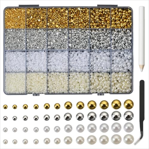 24 Tabletts Halbperlen Nagelperlen, luxuriöse 3DGold und Silber Nagelperlen für Nagelkunst, ABS-Perlen in Gemischten Größen Edelsteine ​​für Nägel, Verzierungen, Make-up, Kleidung (4 Farbe) von Symphonyw