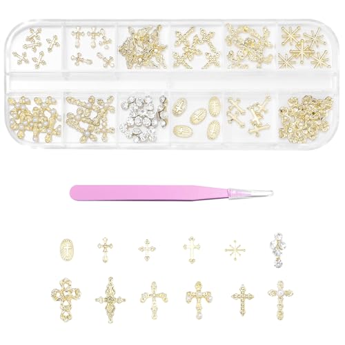 30 Pcs Kreuz Nagel Charms für Nagelkunst, 3D Metall Kristall Kreuz Nagel Dekorationen, Legierung Nagel Nieten und Strasssteine für Frauen Mädchen DIY Schmuck Handwerk Zubehör (C-Gold) von Symphonyw