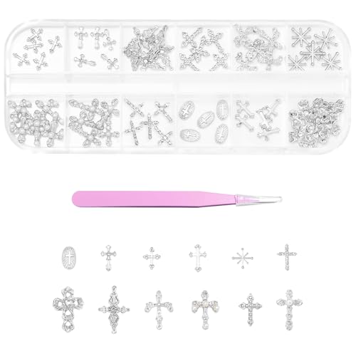 30 Pcs Kreuz Nagel Charms für Nagelkunst, 3D Metall Kristall Kreuz Nagel Dekorationen, Legierung Nagel Nieten und Strasssteine für Frauen Mädchen DIY Schmuck Handwerk Zubehör (C-Silber) von Symphonyw