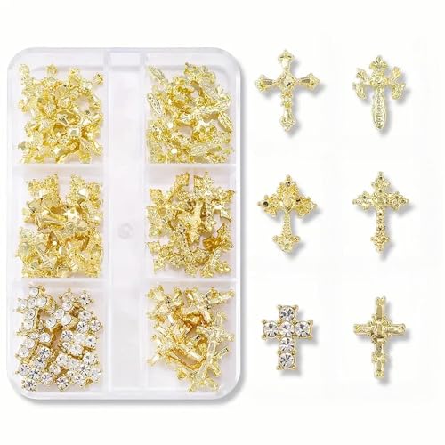 60 Pcs Kreuz Nagel Charms für Nagelkunst, 3D Metall Kristall Kreuz Nagel Dekorationen, Legierung Nagel Nieten und Strasssteine für Frauen Mädchen DIY Schmuck Handwerk Zubehör (Gold) von Symphonyw
