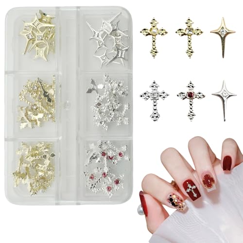 30 Pcs Kreuz Nagel Charms für Nagelkunst, 3D Metall Kristall Kreuz Nagel Dekorationen, Legierung Nagel Nieten und Strasssteine für Frauen Mädchen DIY Schmuck Handwerk Zubehör (Gold+Silber) von Symphonyw