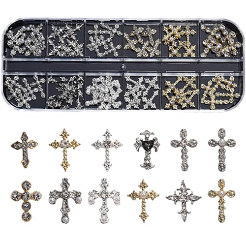 30 Pcs Kreuz Nagel Charms für Nagelkunst, 3D Metall Kristall Kreuz Nagel Dekorationen, Legierung Nagel Nieten und Strasssteine für Frauen Mädchen DIY Schmuck Handwerk Zubehör (Gold+Silber B) von Symphonyw